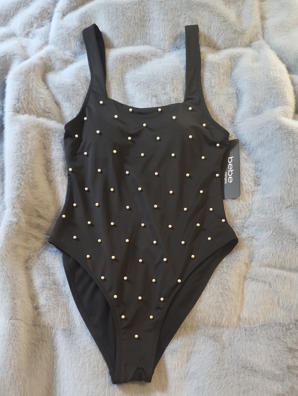 Bebe Women's NWT One-Piece Solid Pearl Embellished, Black Swimsuit, Size XS